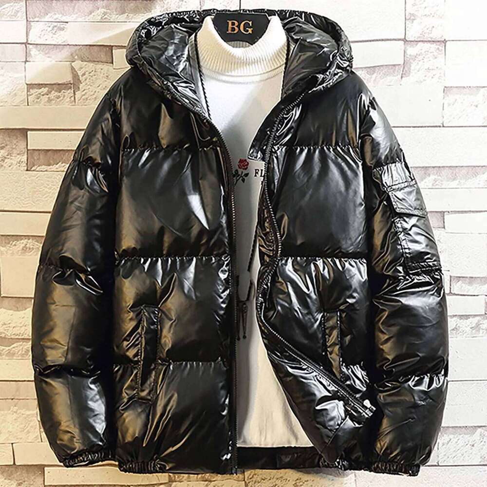 Men's Winter Parkas Solid Color Casual Glossy Warm Down With Hood Fashion Zipper Fleece Lined Puffer Outwears Jacket
