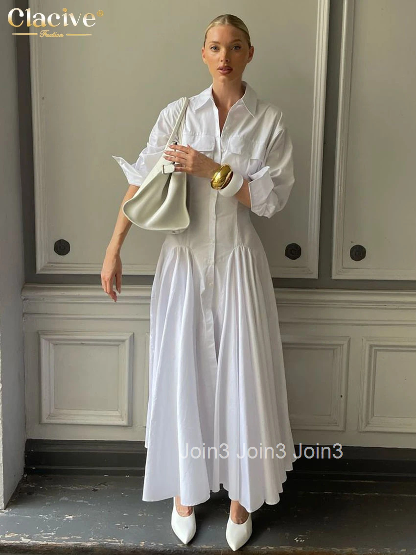 Clacive Fashion Loose White Cotton Dress Lady Casual Lapel Long Sleeve Ankle Length Dress Elegant Classic Dresses For Women