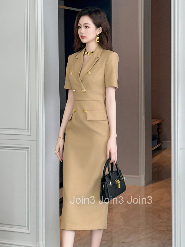 Elegant Office Lady Classic Business Formal Pencil Dress Women Clothes Blazer Commute Short Sleeve High Waist Slim Midi Vestidos