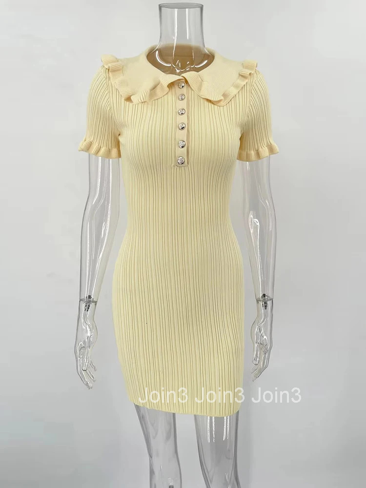High Waist Ruffled Mini Dresses For Women Summer Short Sleeve Knitted Slim Fit Dress Womens Vintage Dress Woman Elegant