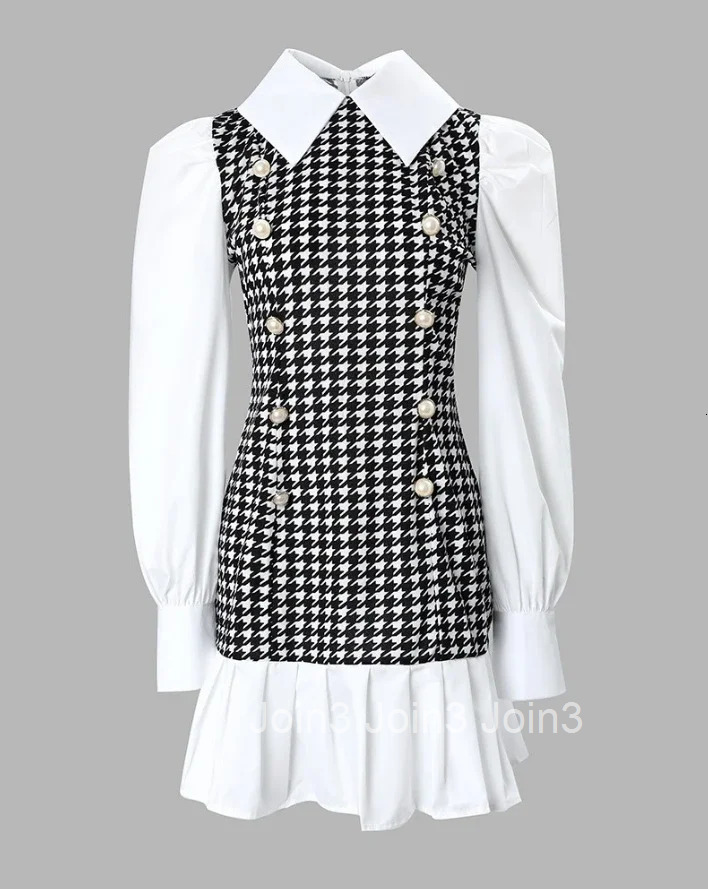Womens Dresses Spring Fashion Houndstooth Button Decor Puff Sleeve Ruffle Hem Elegant Turn-Down Collar Daily A Line Dress
