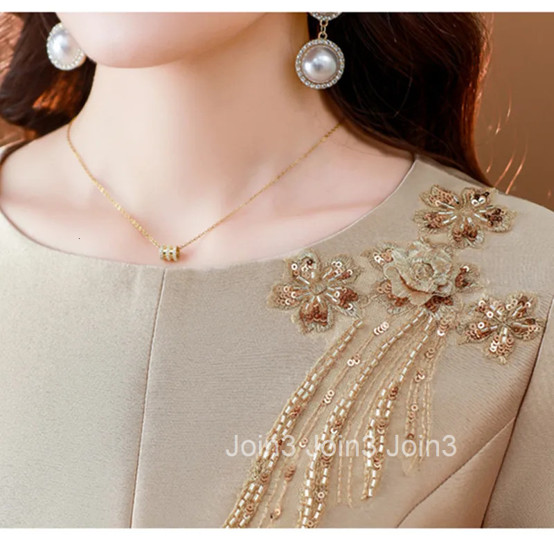 Luxury Satin Womens Dress Summer New Vintage Flower Embroidered Beads Round Neck A-Line Midi Elegant Wedding Party Dresses J103
