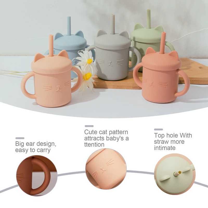 Baby Food Grade Feeding Cup Kid Double Handle Design Cute Cat Styling Straw Bottle Anti-Hot Leakproof Baby Silicone Feeding Cups X2508061