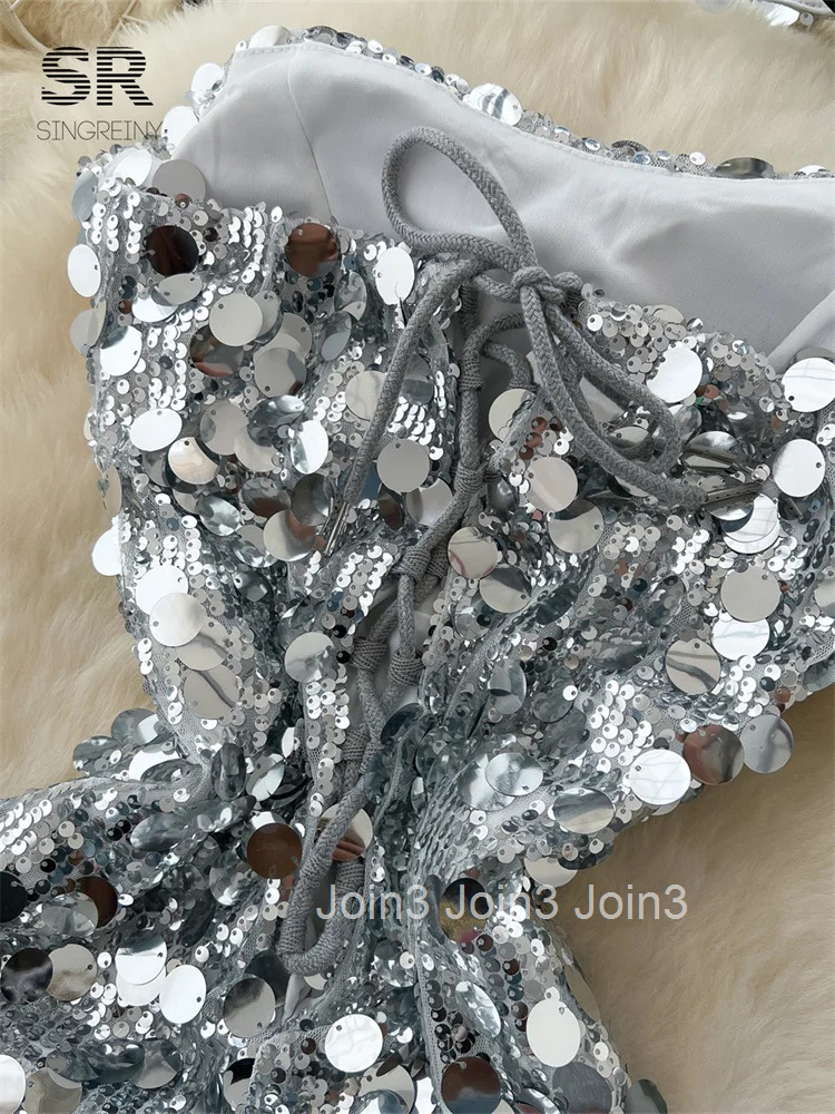 Light Luxury Sequins Party Dress Strapless Backless Lace Up Silvery Senior Sundress Ladies Sexy Bodycon Evening Dress