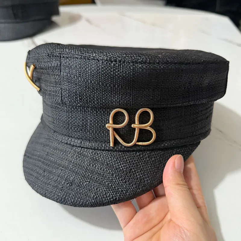 Fashion Beret RB Letter Military Hats For Women Casual Travel High Quality Black Raffia Straw Flat Top Hat Baseball Cap 250806
