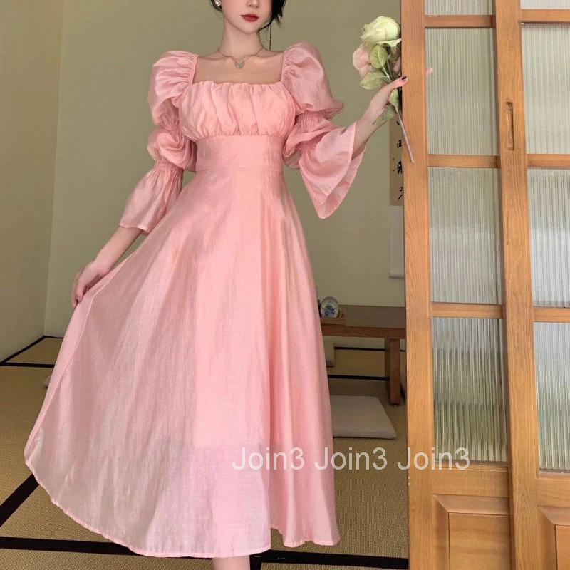 MEXZT Sweet Puff Sleeves Dress Women Long Sleeve Sexy Backless Bow Bandage Dresses White Square Collar Elegant Party Vestidos