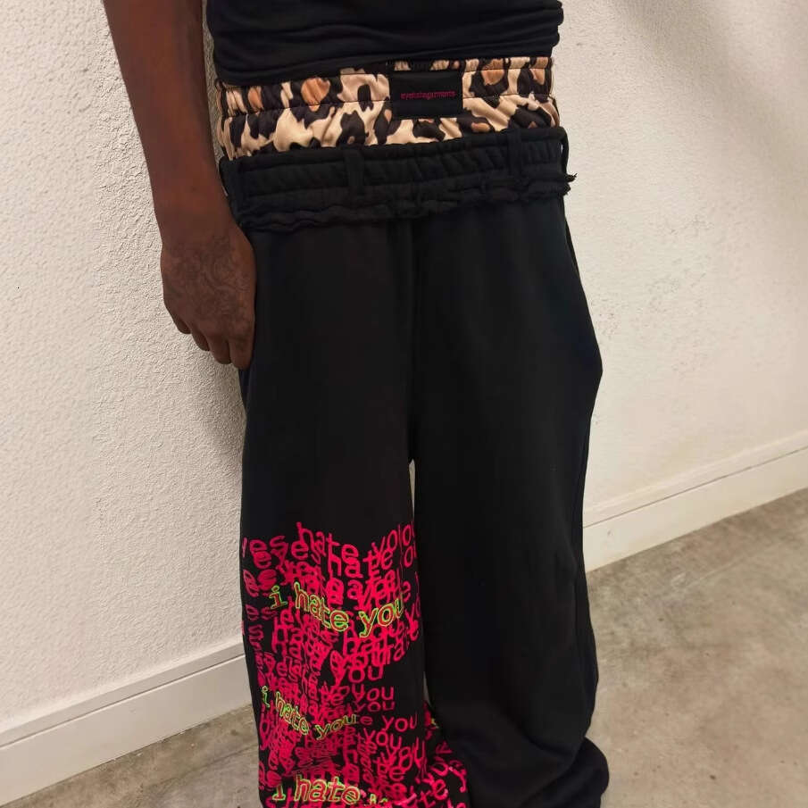 American High Letter Print Double Waistband Casual Pants Men Street Hip Hop Fake Two-Piece Loose Straight Sweatpants