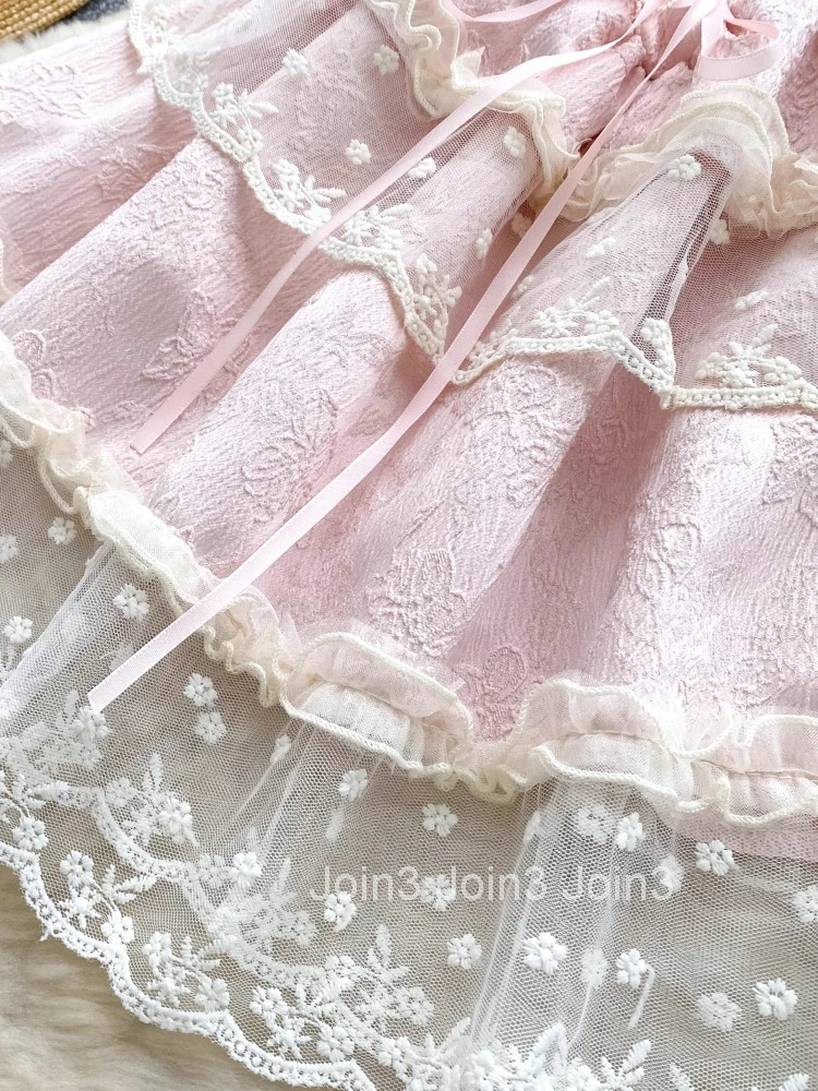 Japanese Sweet Lolita Jsk Dress Women Elegant Ruffles Lace Bandage Princess Strap Dresses Girls Y2k Kawaii Tea Party Mini Dress