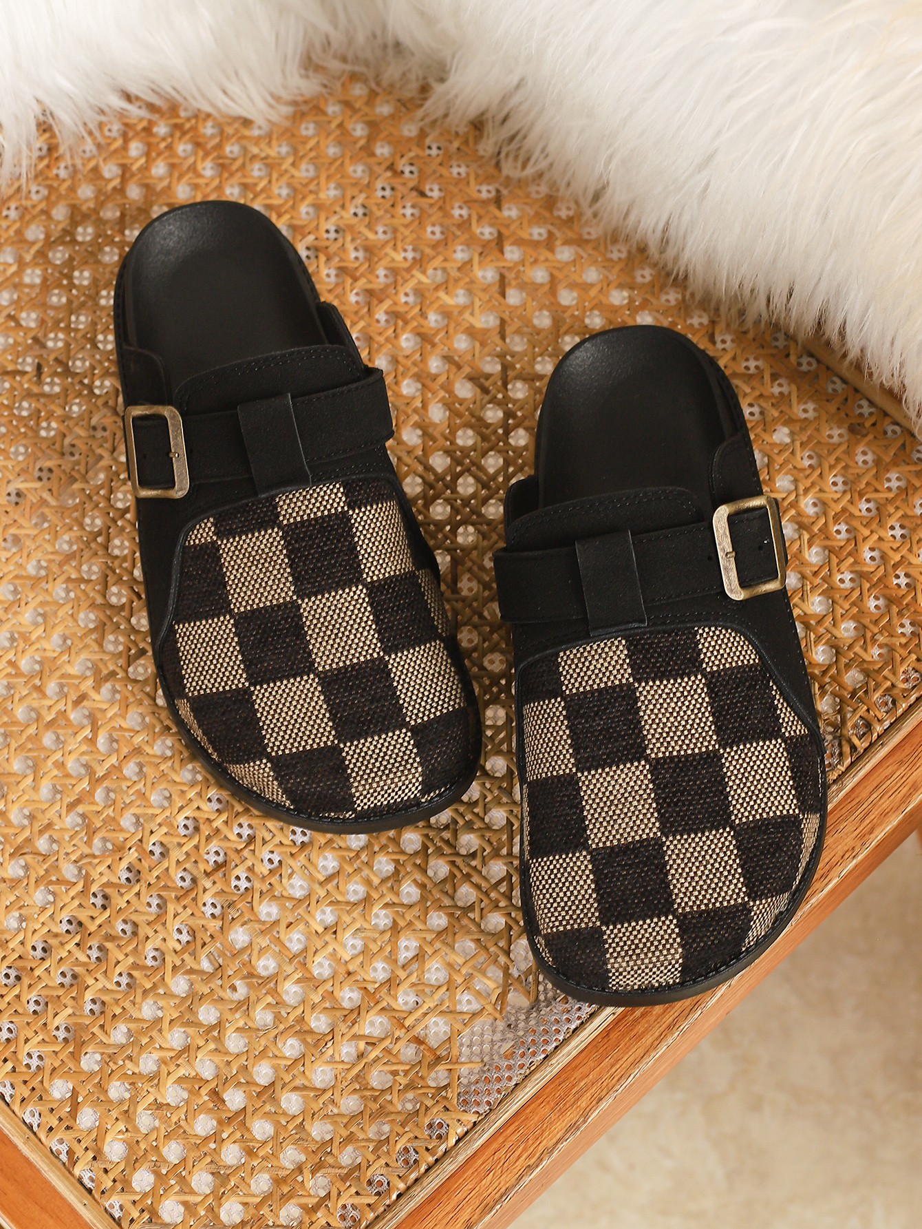 Slippers Women's Checkerboard Print Mules - Casual Buckle Strap Slip-On Shoes with Multiple Colors