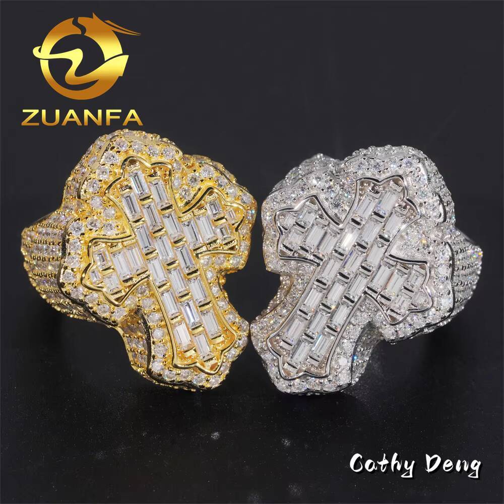 Hot Sale Instock Iced Out Cross Moissanite Diamond Rings 925 Sterling Silver Hip Hop Ring Pass Diamond Tester Men Cuban Ring