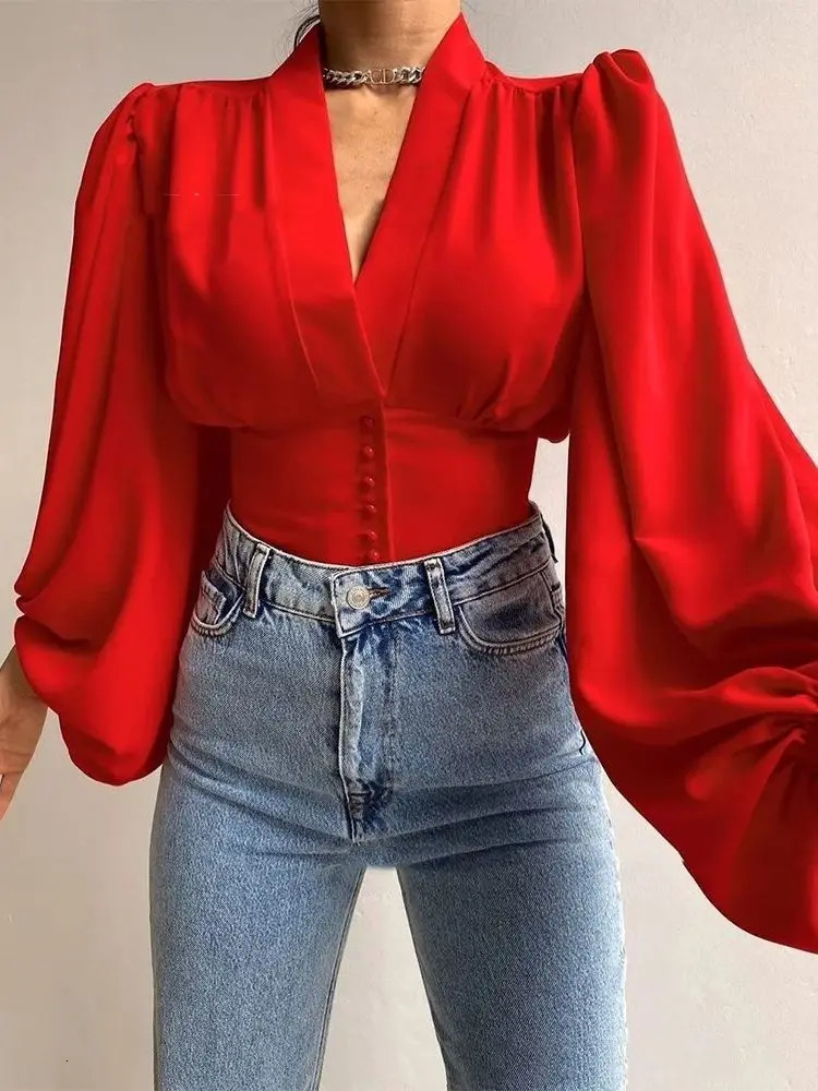 Spring Satin Womens Blouse Red Long Lantern Sleeve Button V-neck Elegant Female Shirt Spring Fashion Vintage Ladies Top 250806