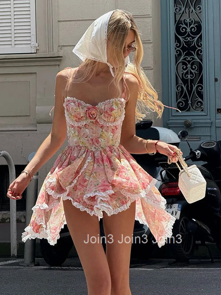 Floral Printd Lace Patchwork Sling Mini Dress Womens Elegant Backless Sleeveless A Line Vestidos Chic Lady Holiday Street Wear