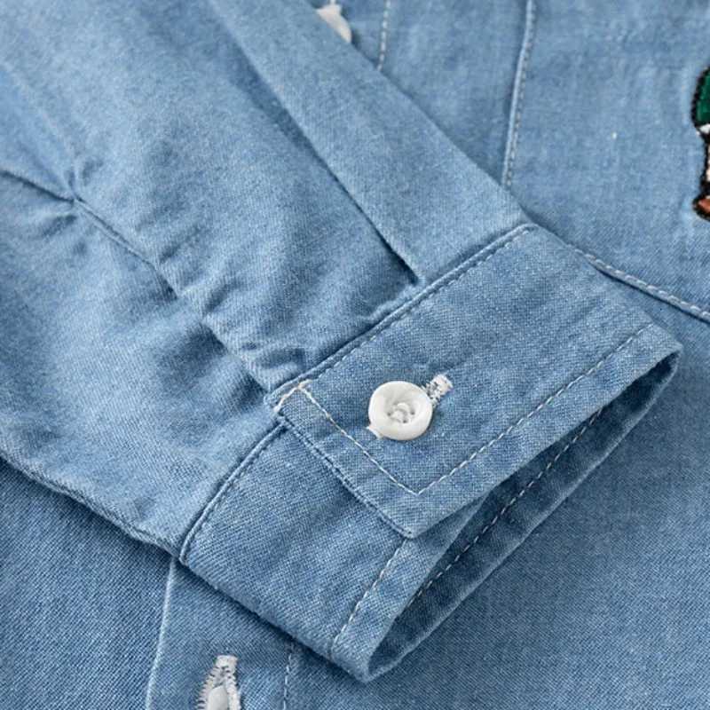 Autumn Children Boy Clothes Baby Blue Cowboy Shirts Children Embroidery Bear Long Sleeve Lapel Coat Top Fashion Party Outfits X250806