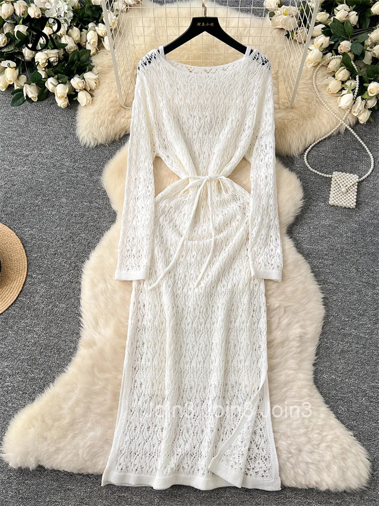 Summer Beachwear Knitting Dress Sets Female Long Sleeves Lace Up Hollow Out Dress+High Elastic Loose Homewear Sundress