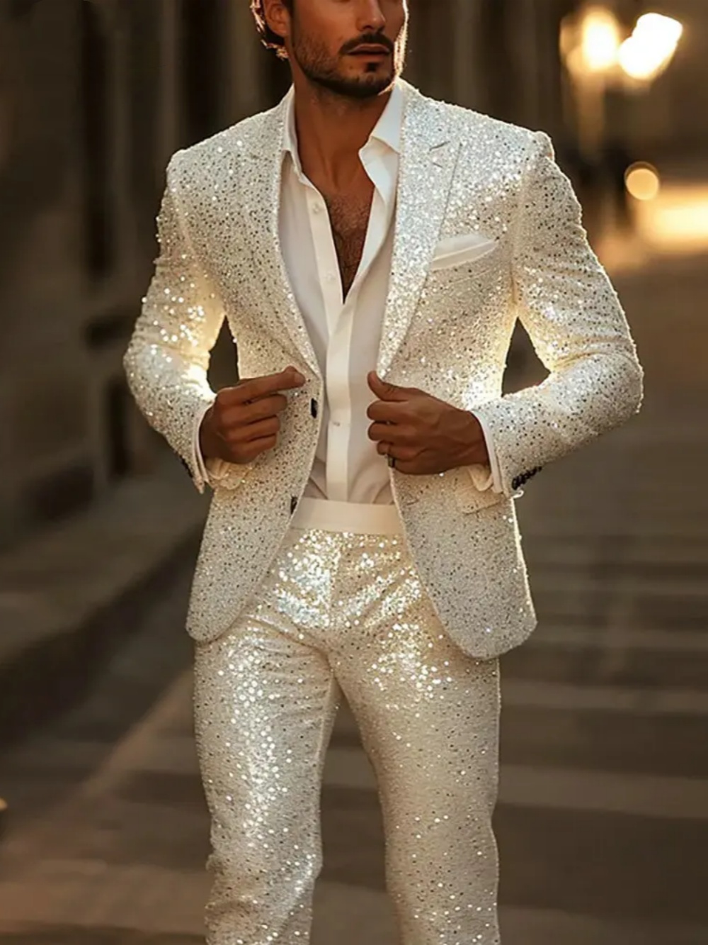 Sparkly Wedding Tuxedos Single Breasted Sequins Men Suit Peaked Lapel 2 Piece Set Jacket Pant Groom Business Blazers Customized