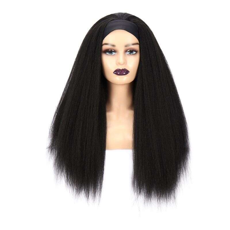 Clip-In Ladies Yaki Black Long Straight Hair Wig Synthetic Fiber Headband Headbandwig