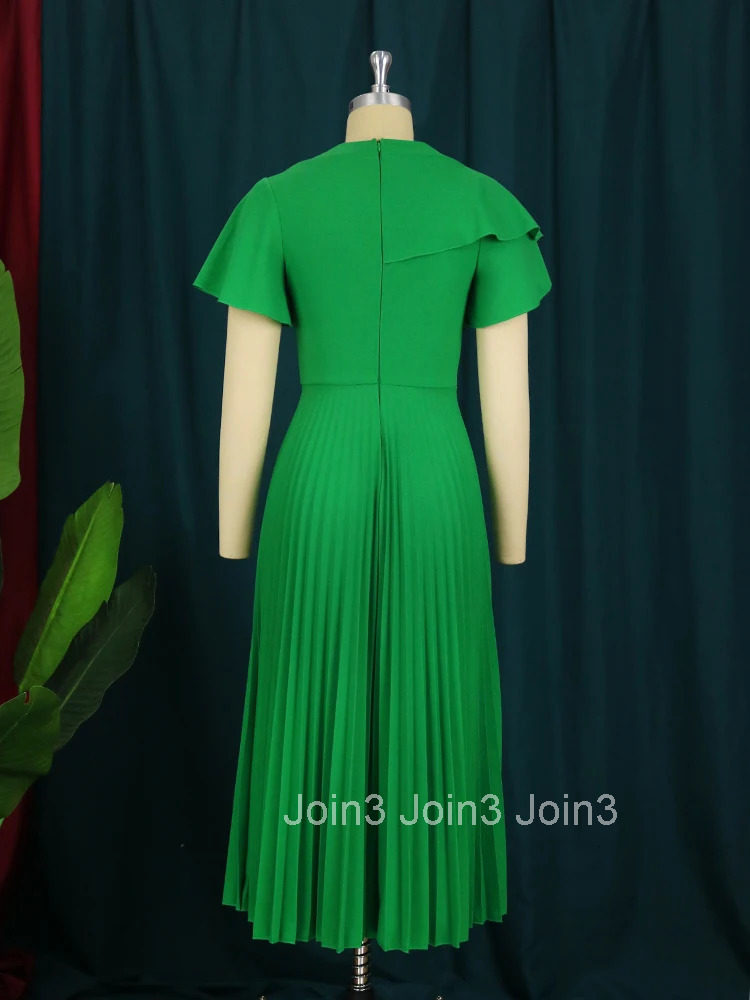 Women Pleated Midi Dresses Short Sleeve Ruffles Elegant Green Yellow A Line Spring Summer Chic Fashion Gown Party Birthday Robes