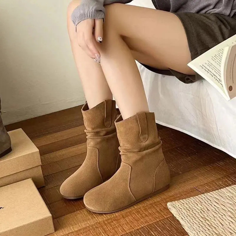 Flats Suede Casual Shoes Women Ankle Boots Slip-on Autumn Apricot Goth Round Toe Short Botas Retro Versatile Chelsea Botines 250805