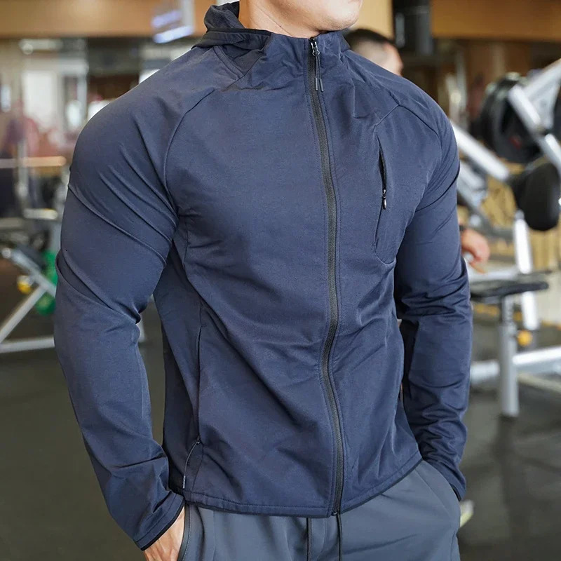 High Quality Nylon Sport Coat Mens Gym Fitness Hoodies Outdoor Workout Tops Hooded Training Running Zipped Jacket Clothes250806
