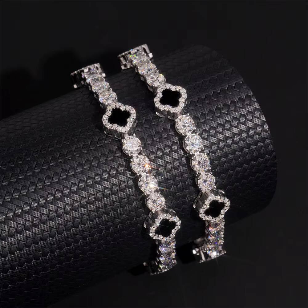 Ready Stocks 925 Solid Silver Tennis Chain 3mm Black Agate Clover Moissanite Necklace Bracelet Unique Moissanite Jewelry