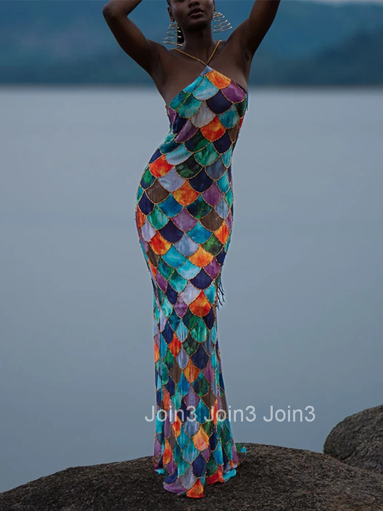 Fashion Scale Print Halter Long Dress Women Sleeveless Backless Sexy Hip Package Maxi Dresses Summer Autumn New Lady Robes