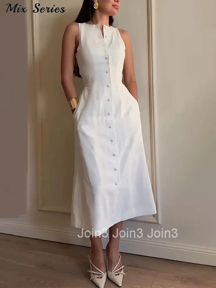 Elegant Sleeveless Long Dress Womens Slim Solid O-neck Single Breasted A-Line Dresses Summer New Ladies Fashion Robes