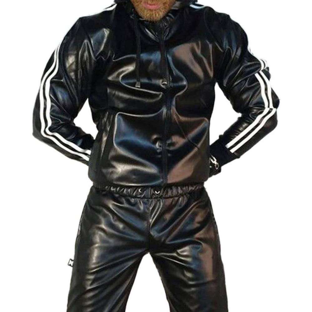 MEN's Faux Tracksuit with Zipper Hoodie, Casual Sportswear Jogging Suit, Men's PU Leather Hoodie Set for Sports