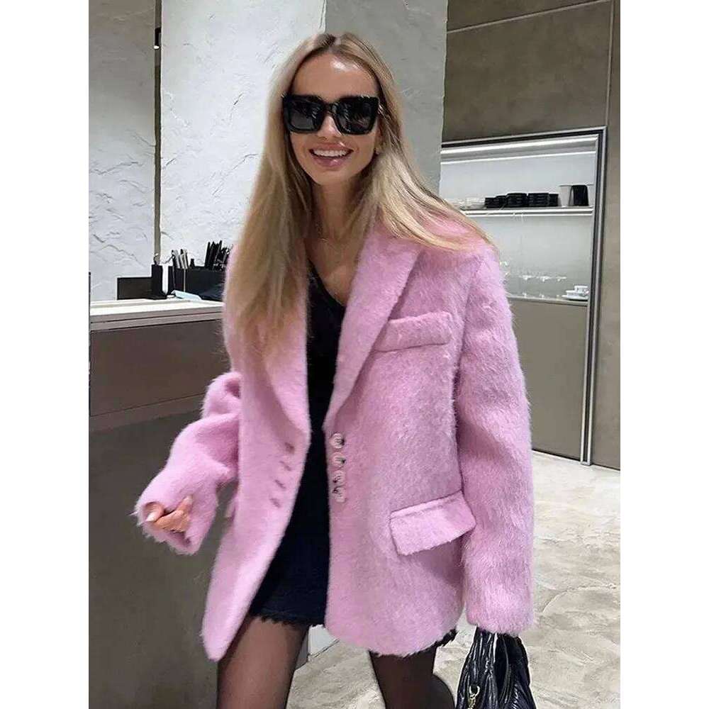 Pink Lapel Woolen Plush Coats Women Elegant Long Sleeve Button Office Lady Blazer Jacket Winter Fashion Packet Loose Coat