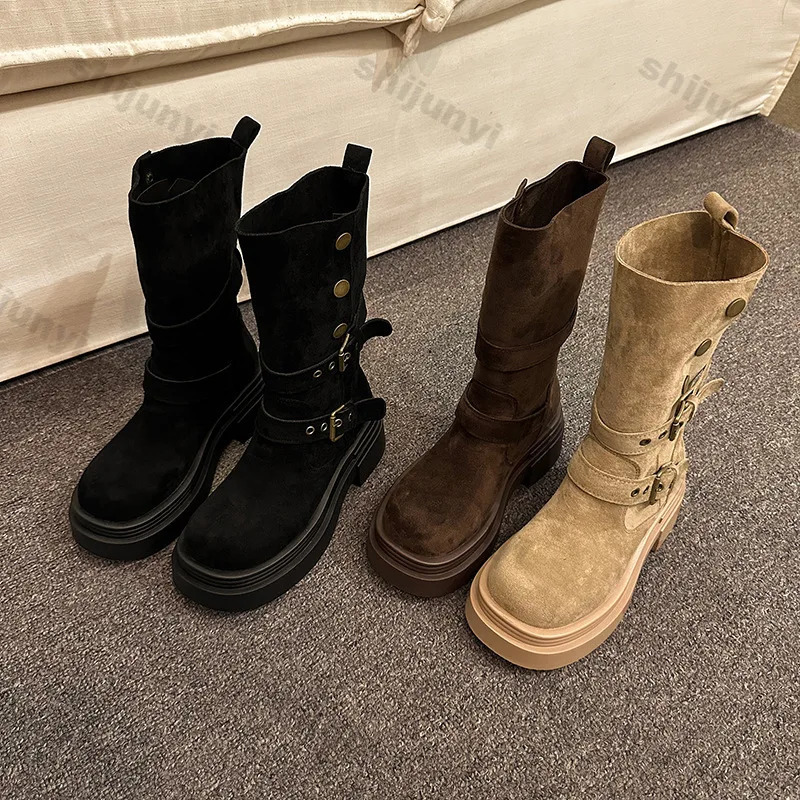 Women Chunky Western Cowboy Boots Fashion Platform Pleated Mid Calf Boots Spring Autumn Woman Vintage Mid-heel Comfort Boot 250805