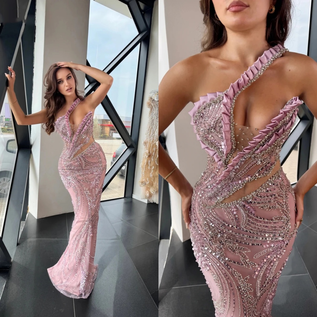 Exquisite Evening Dresses For Women One Shoulder Sleeveless Gown Sequins Crystal Floor Length Dress Party Customized Dress