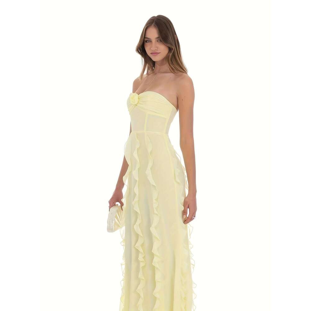 Elegant French-Inspired Yellow Ruffle with Floral Detail - Sleeveless, Strapless, Long Flowing Gown Women, Perfect for Party Weddings and Formal Event
