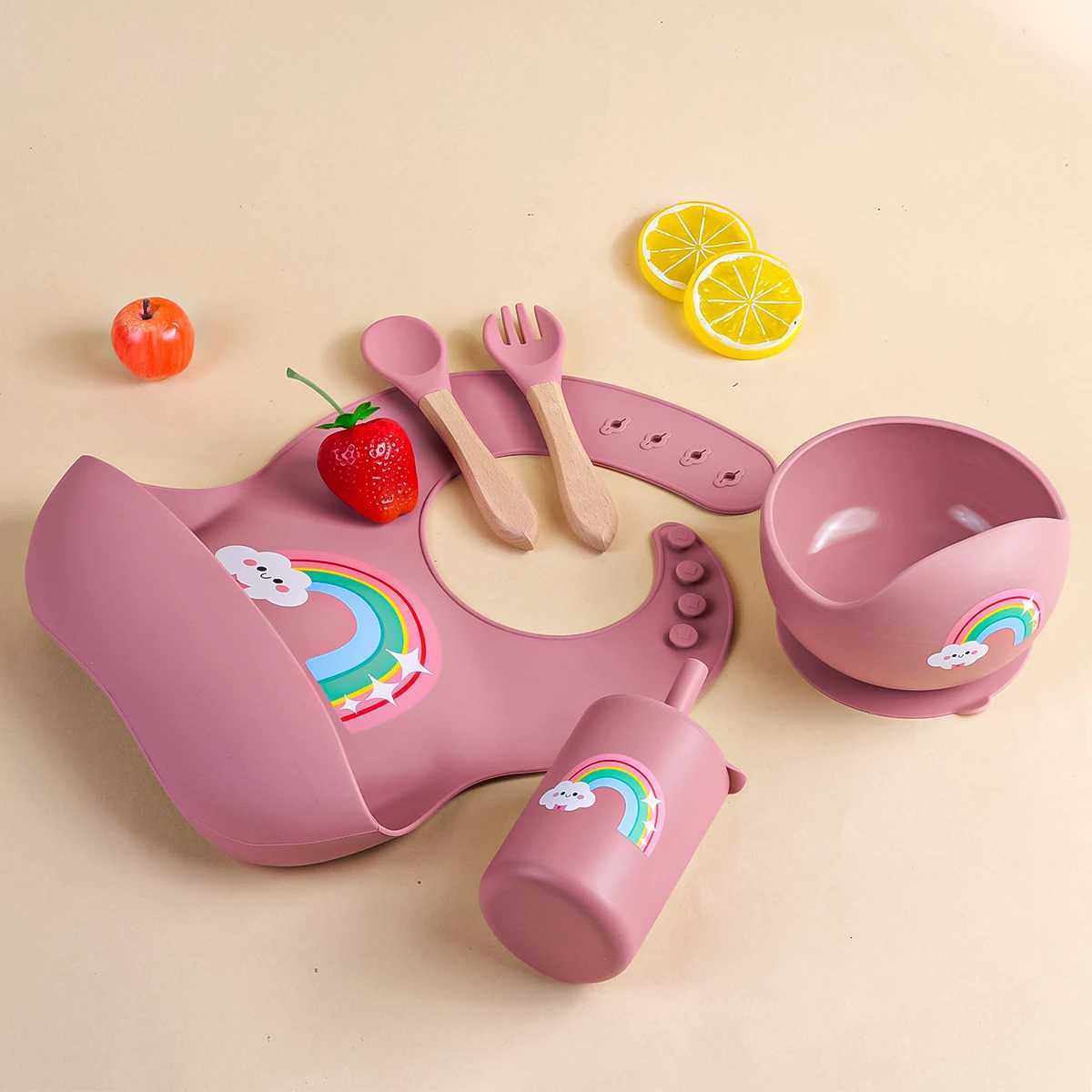 5pcs Baby Silicone Meal Bowl Bib Fork Spoon Set Baby Feeding Tray Bowl Set Bisphenol A Free Gift for Baby X250806
