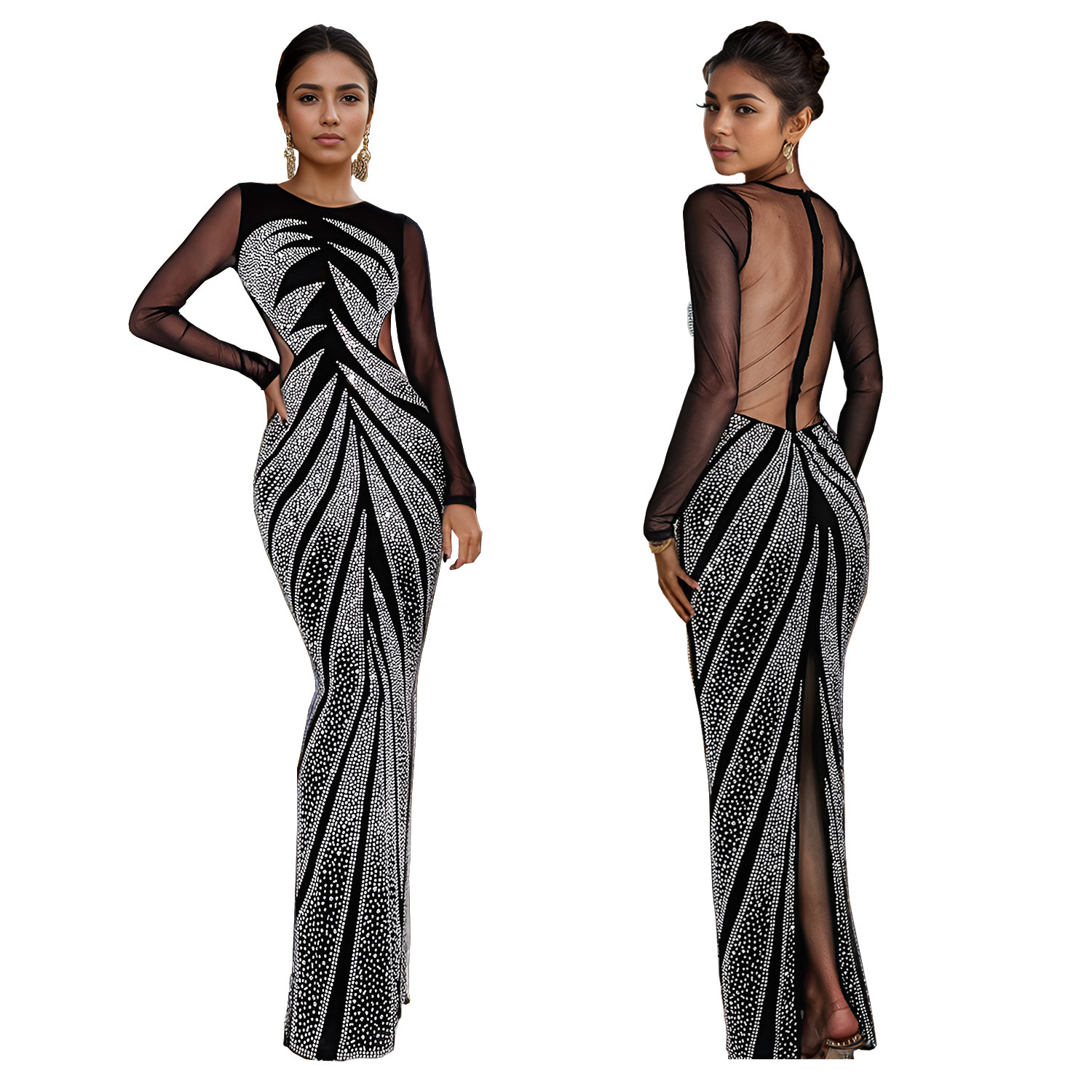 2025 Summer European and American Fashion Women's S Fashion trend Diamond Long Sleeve Sexy Tight Dress New Designer Dress