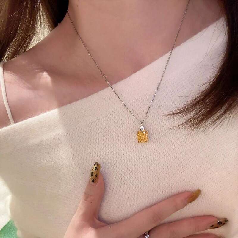 Vintage Mid-Age Style Colorful Gemstone Square Yellow Dia Necklace Niche Simple Design Gentle Versatile Elegant Choker