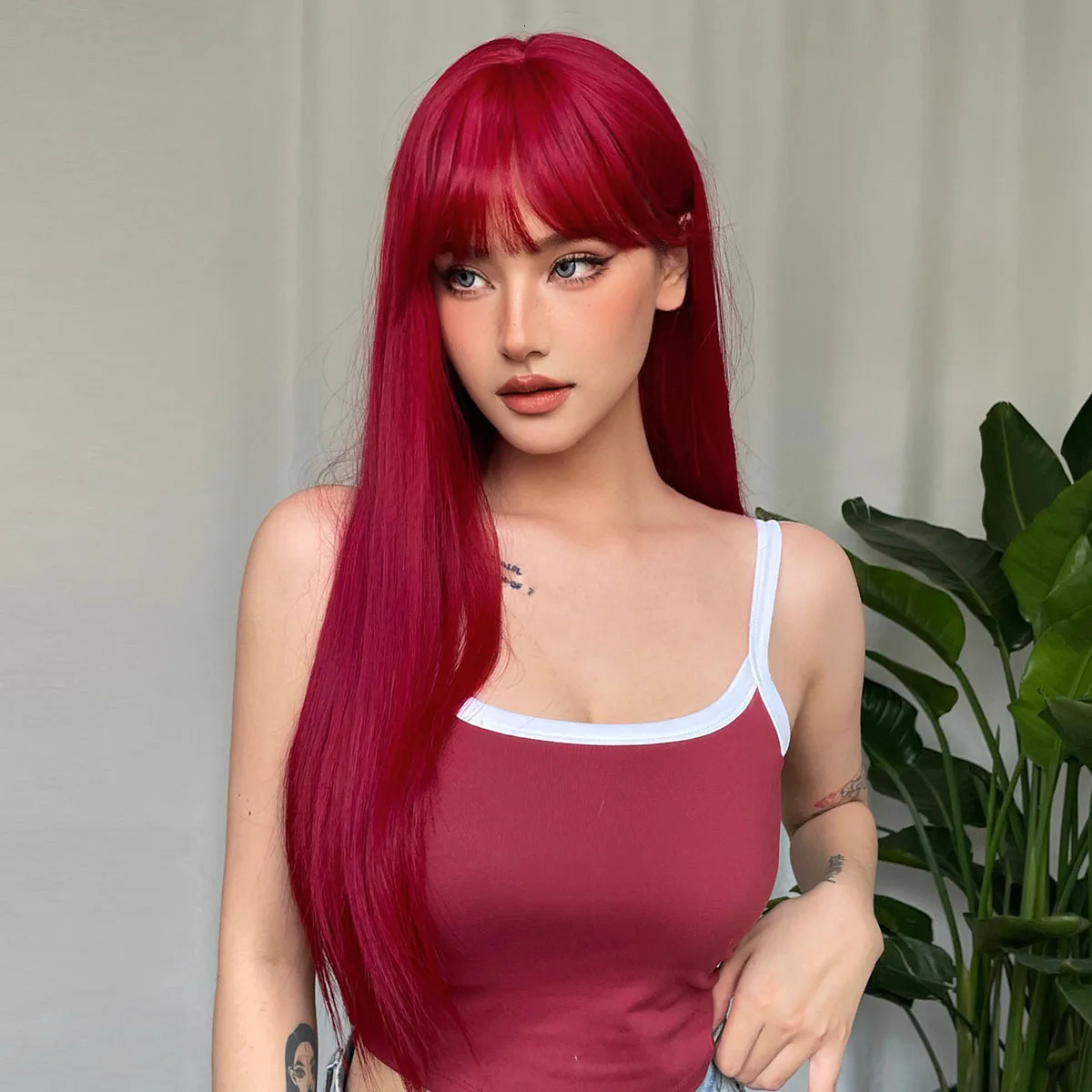 Light Wine Red Synthetic Wigs With Bangs for Women Long Straight Hair Wig Natural Cosplay Party Heat Resistant 250805