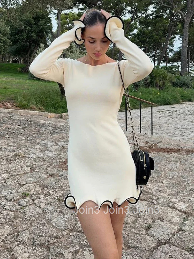 Tossy Fashion Womens Knit Mini Dress Ruffled Autumn High Waist Elegant Slim Party Dress Patchwork Knitwear Sweater Female Dress