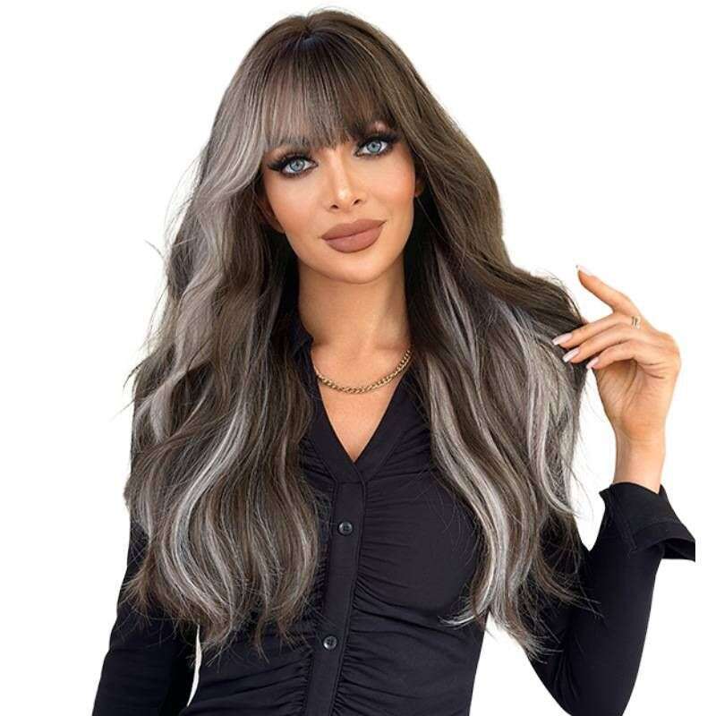 New Fashion Wig, Long Curly Hair, Brown Highlighting, Pink Gray Hair Set, Female Wig