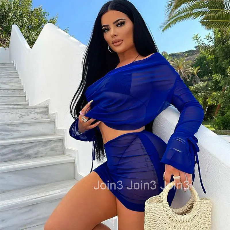 Sexy Women Tulle Backless Dress Transparent Deep V Slim Party Mini Dress Nightclub Dance Elegant Long Sleeve Bodycon 2-piece Set