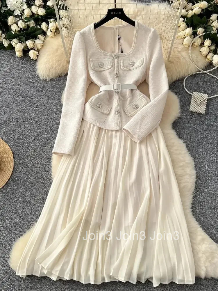 New Autumn Winter Tweed Patchwork Chiffon Long Dresses Womens Square Collar Diamonds Buttons Belt Vintage Pleated Robe Vestidos