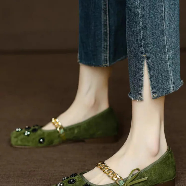 Casual Woman Shoe Square Toe Metal Chain Female Footwear Low Heels Pearl Decorateion Soft Retro Buckle Dress Beading 250731