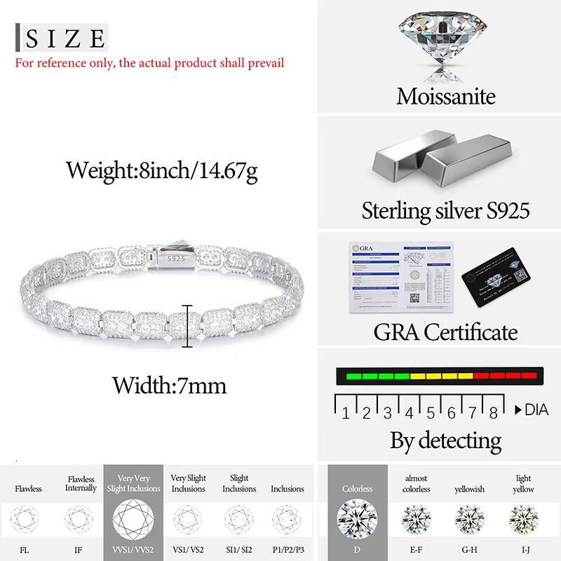 Bling Design Jewelry Pass Diamond Tester 925 Pure Silver Tennis Bracelet 7mm Vvs Moissanite Diamond Men Bracelet