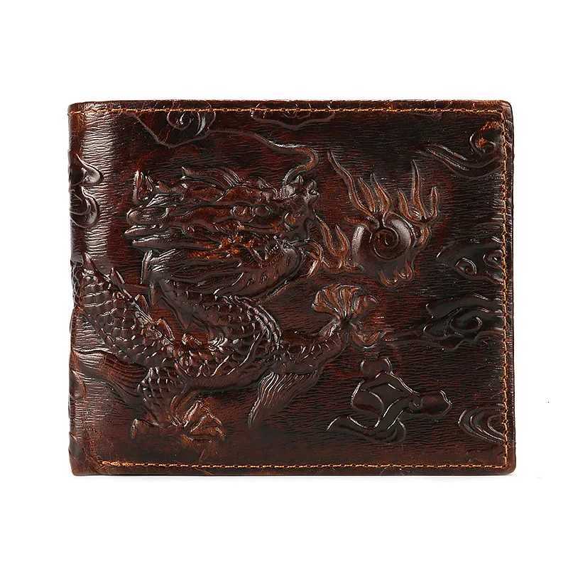 Genuine Leather Short Wallet Fashion 3D Dragon Embossed Purse Cowskin Leather Men Purse Card Wallet Bifold Wallet with ID Window XJ250806