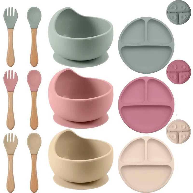 Baby Silicone Feeding Dishes Children Suction Plate Suction Sucker Bowl Wood Fork Spoon Set Toddler Training Tableware BPA Free X250806