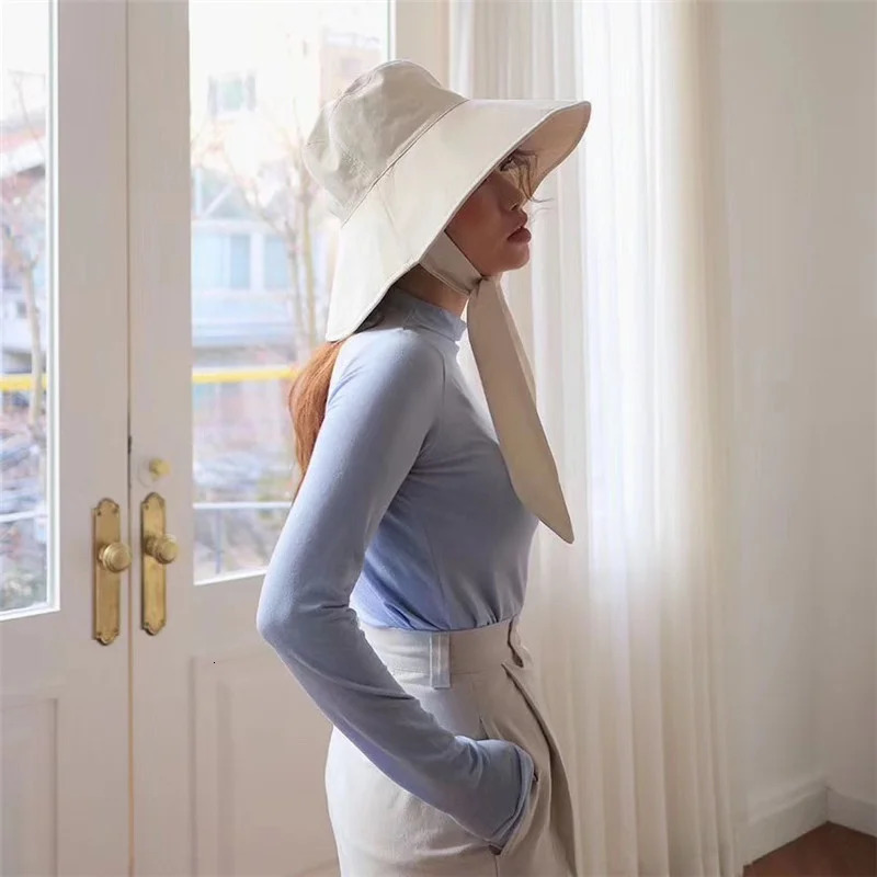 Summer Spring Japan Tie Bucket Hat Women Korean Big Brim Fisherman Hat Foldable Sunscreen Chic Cotton Linen Beach Sun Hat 250805