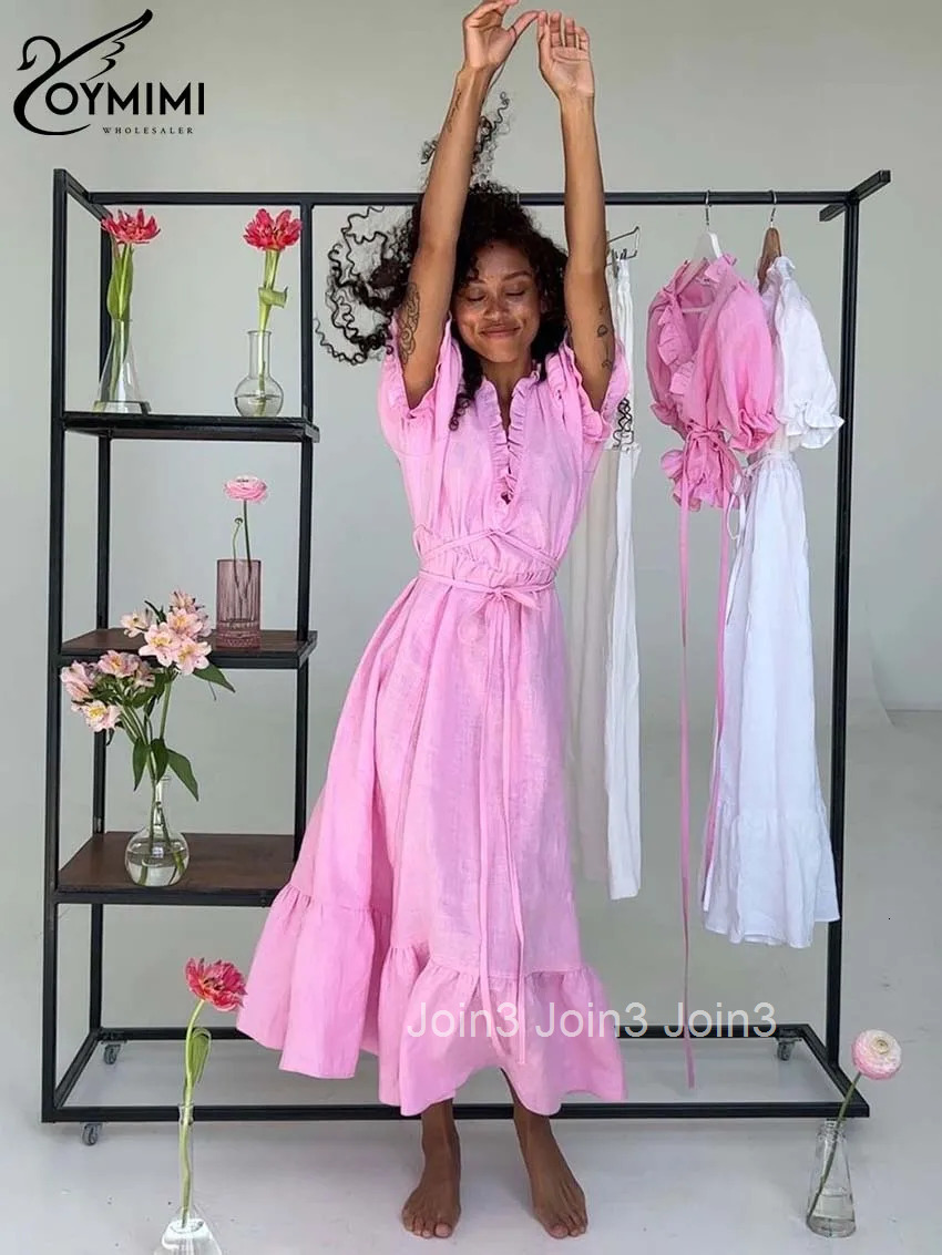 Elegant White Cotton Womens Dresses Fashion Short Sleeve V-Neck Lace-Up Dresses Summer Loose Ankle-Length Dress Female