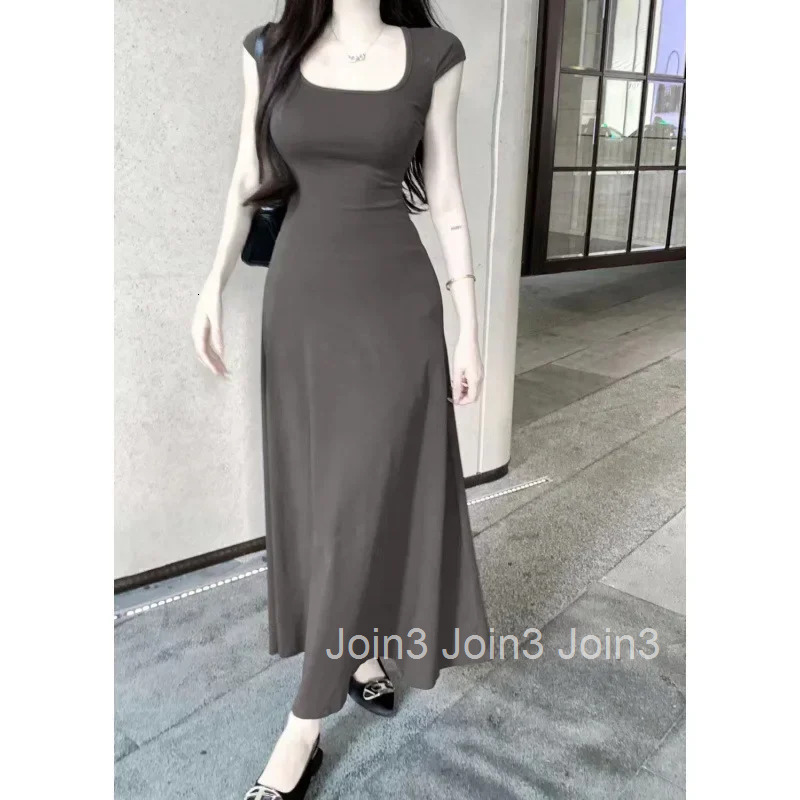 Elegant High-end Feel French Style Square Collar Short Sleeves Dress Slimming Womens Waist-fitted Long Skirt