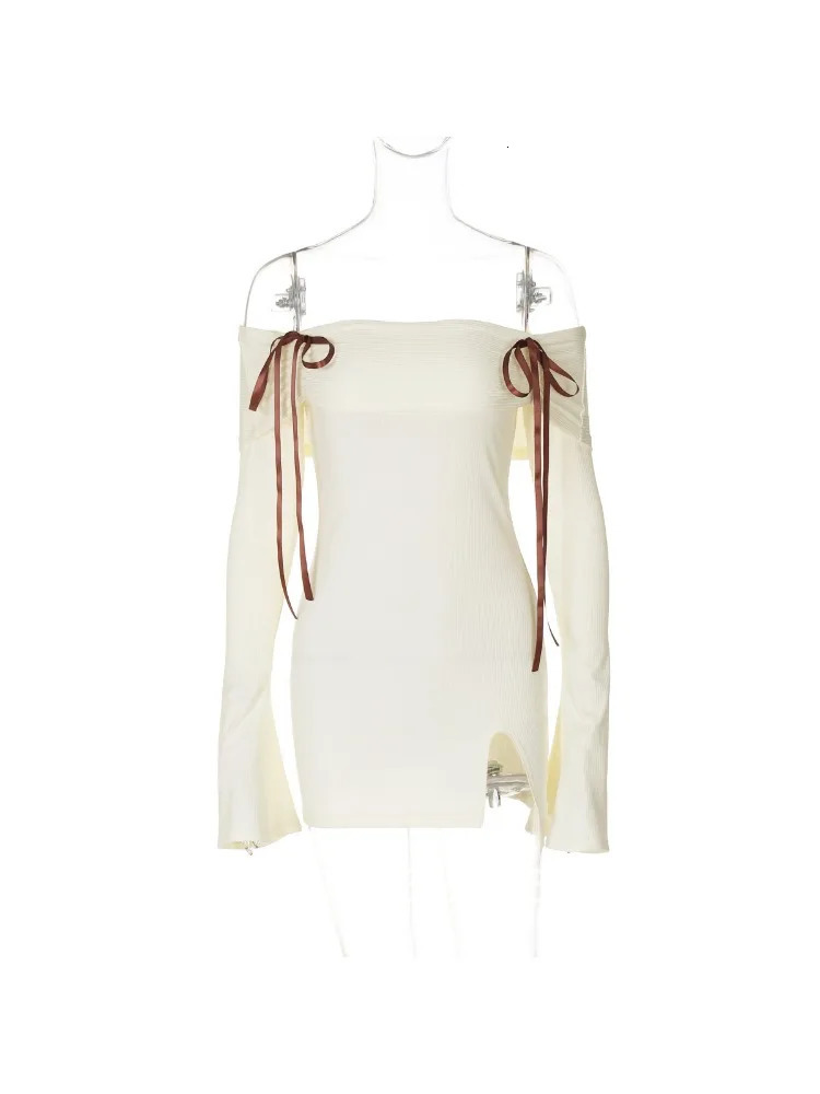 Sexy Off Shoulder Ribbed Knitting Split Bodycon Dress Women Bowknot Tie Skinny Mini Dress Elegant Club Party Vestidos