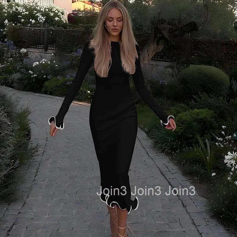 Womens Knit Backless Straight Dress Ruffled Autumn High Waist Elegant Slim Party Dress Patchwork Knitwear Sweater Female Dress