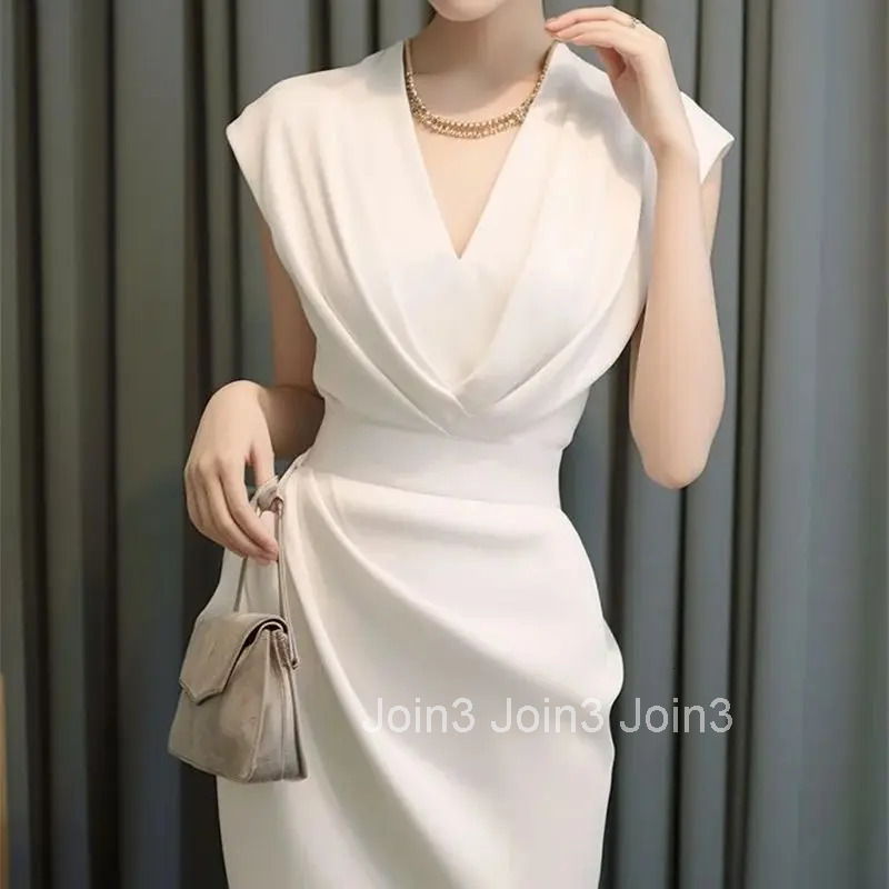 Summer New White Elegant Womens Formal Dress Vintage V-Neck High Waist A-Line Midi Dress Celebrity Evening Party Vestidos 029P