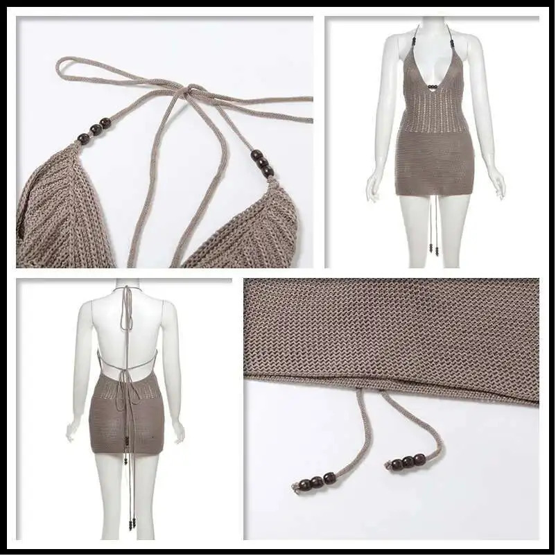 Townlike Slim Bodycon Knitted Dress Women Halter Mini Summer Dress Hollow Out V Neck Backless Sexy Party Dresses 250806